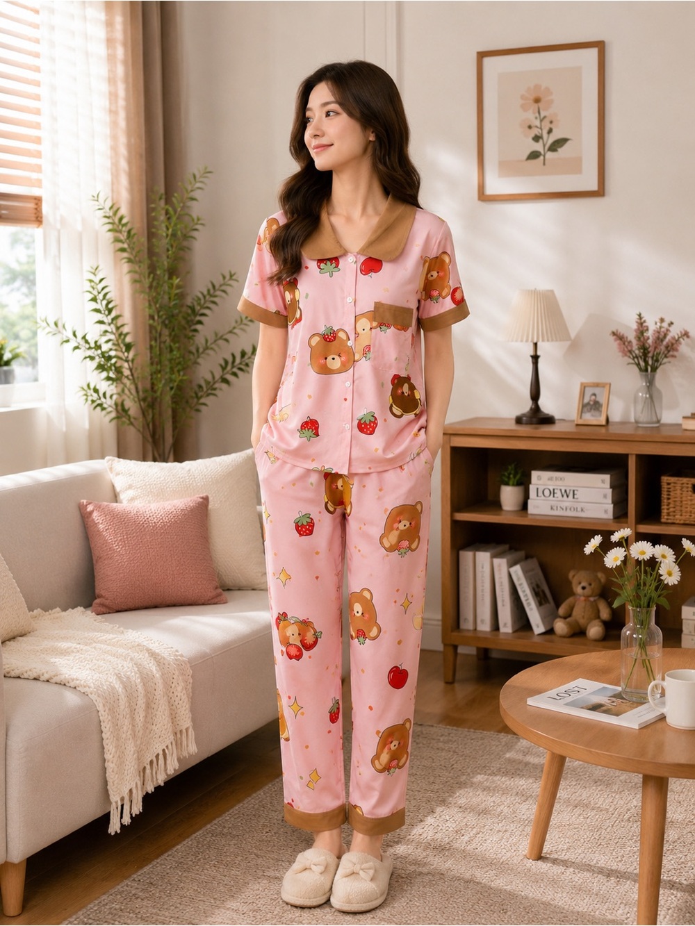 Pink Bear & Strawberry Short-Sleeve Pajama Set with Tan Trim